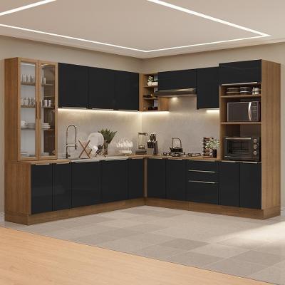 Armário de Cozinha Completa Lux 16 Portas 3 Gavetas MDF 566cm Preto Rustic