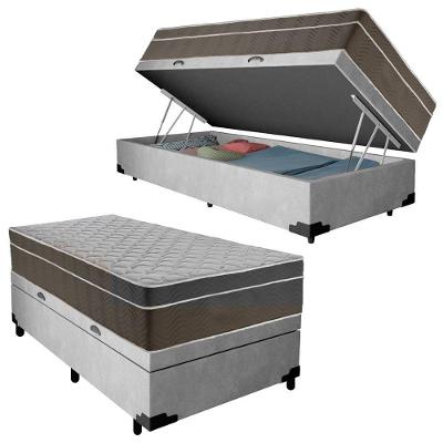 Cama Box Baú Suede Solteiro + Colchão Sereneprime Molas Ensacadas 88x188x69 Cinza