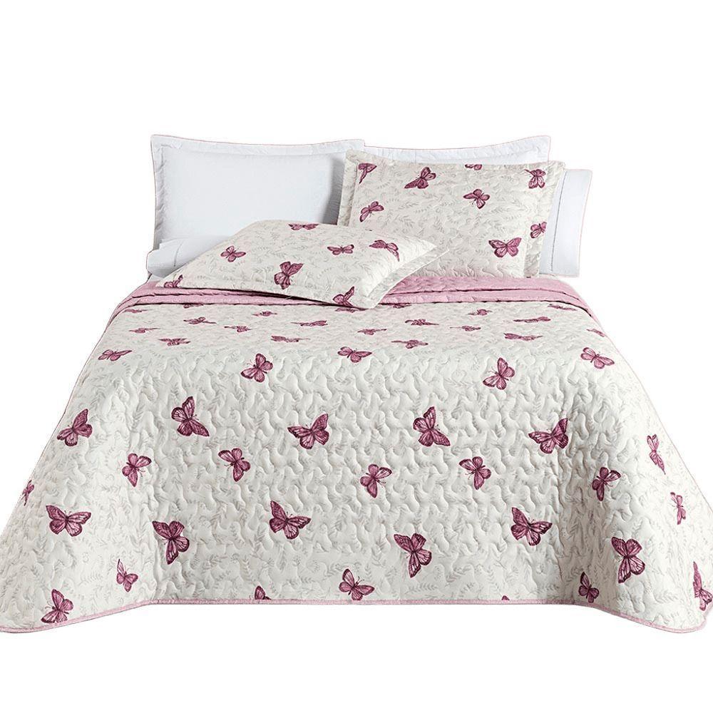 Kit Cobre Leito Colcha Júlia King 3 Peças Micropercal 200 Fios Dupla Face Estampado - Borboleta - 1