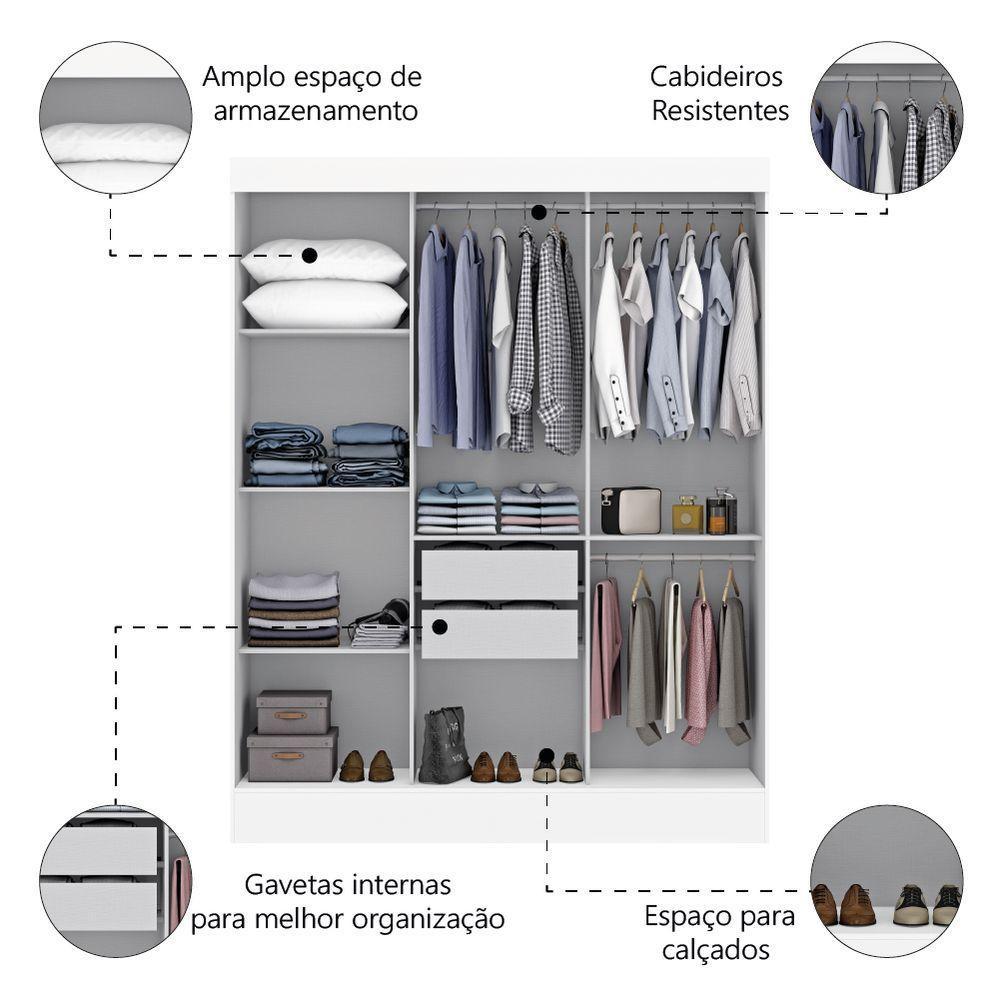 Guarda Roupas Casal Com Espelho 3 Portas De Correr 2 Gavetas Mônaco Maxel Branco - 4