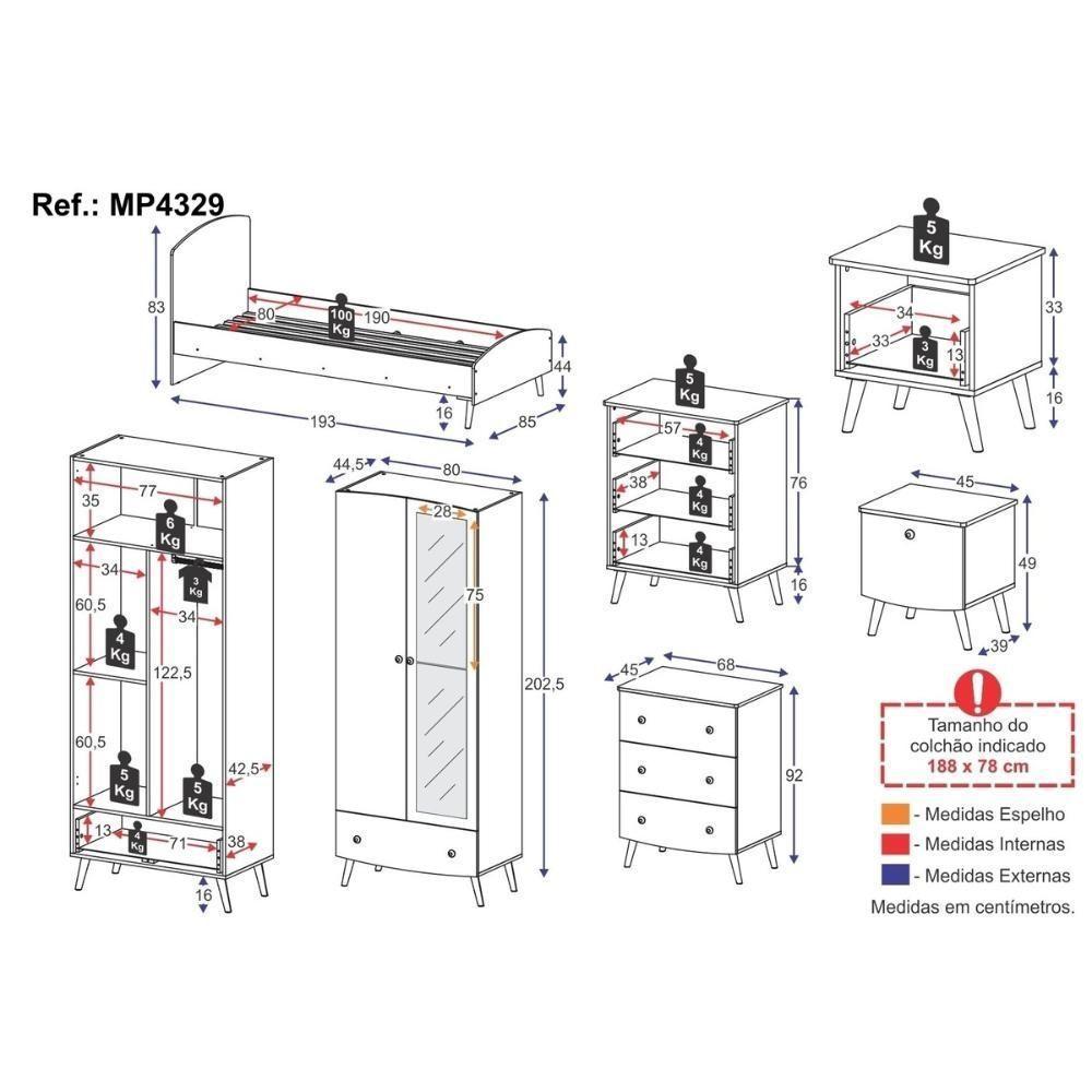 Quarto Infantil Completo Para Colchão 188x78cm Doçura Multimóveis MP4329 Branco/Cinza/Rosa - 6