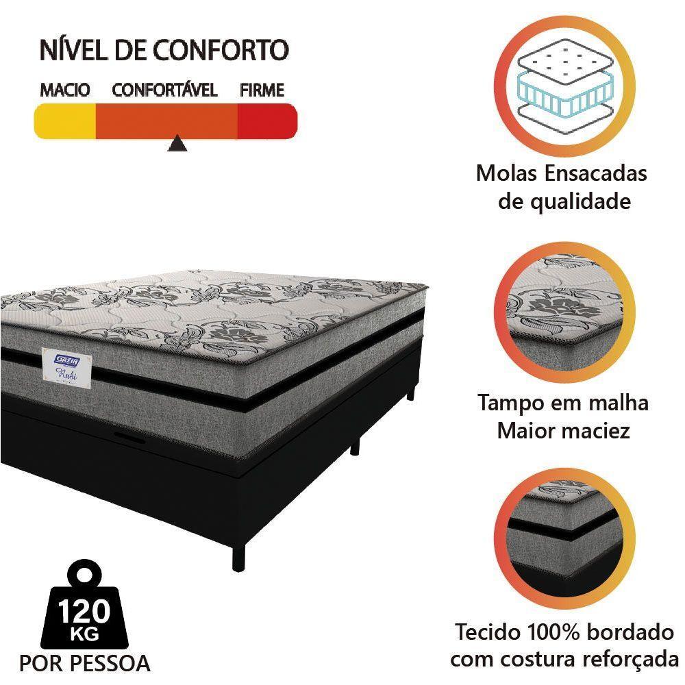 Cama Box Baú Casal Colchão Gazin Com Molas Ensacadas Rubi 138x188x73cm Suede Preto/Cinza - 6