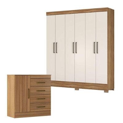Cômoda e Guarda Roupa Casal Montevidéu Verso 7 Portas 6 Gavetas MDP Amêndola Touch