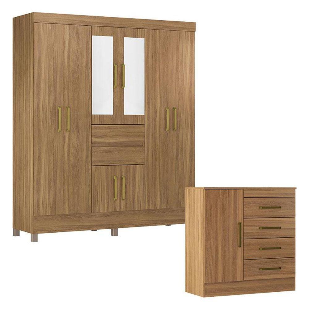 Cômoda Montevidéu E Guarda Roupa Casal Munique Amêndola Touch Com Espelho - Demóbile - 1