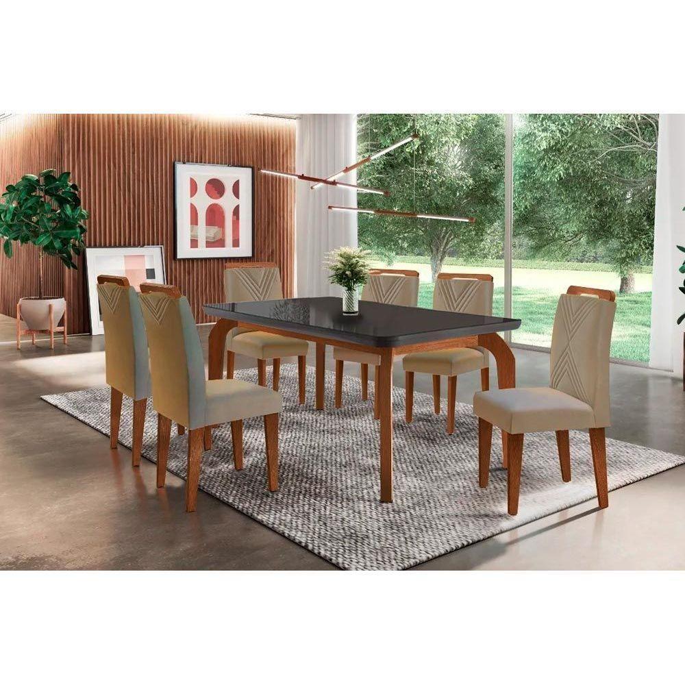 Sala De Jantar Completa Londrina Tampo Madeirado C- Vidro Curvo 180x90 E 6 Cadeiras Amsterdã Imbuia - Veludo Capuccino - Rufato - 1