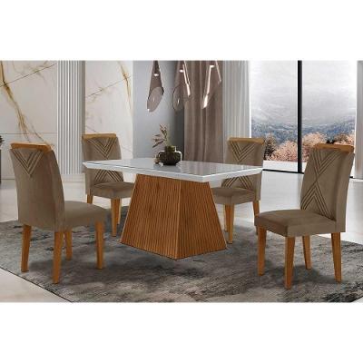 Sala De Jantar Completa Luna Tampo Madeirado C- Vidro Curvo 120x80 E 4 Cadeiras Amsterdã Imbuia - Veludo Capuccino - Rufato