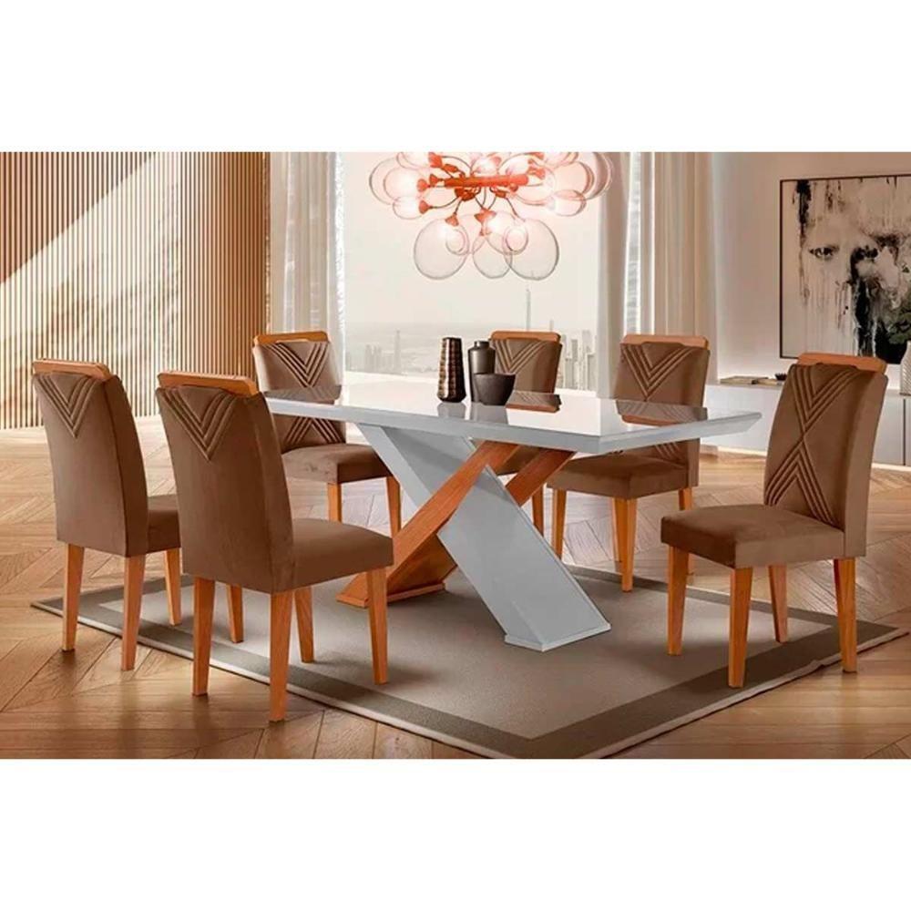Sala De Jantar Completa Imperatriz Tampo Madeirado C- Vidro Curvo 180x90 E 6 Cadeiras Amsterdã Imbuia-veludo Capuccino - Rufato - 1