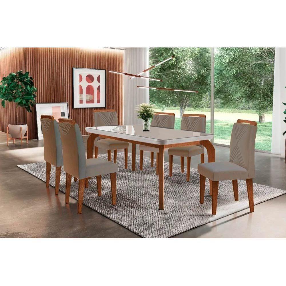 Sala De Jantar Completa Londrina Tampo Madeirado C- Vidro Curvo 180x90 E 6 Cadeiras Amsterdã Imbuia - Veludo Capuccino - Rufato - 1