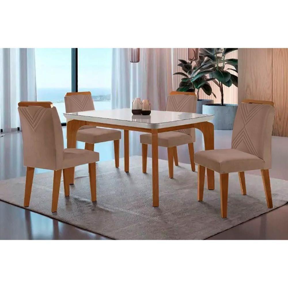 Sala De Jantar Completa Londrina Tampo Madeirado C- Vidro Curvo 120x80 E 4 Cadeiras Amsterdã Imbuia - Veludo Capuccino - Rufato - 1