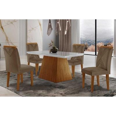 Sala De Jantar Completa Luna Tampo Madeirado C- Vidro Reto 120x80 E 4 Cadeiras Amsterdã Imbuia - Veludo Capuccino - Rufato