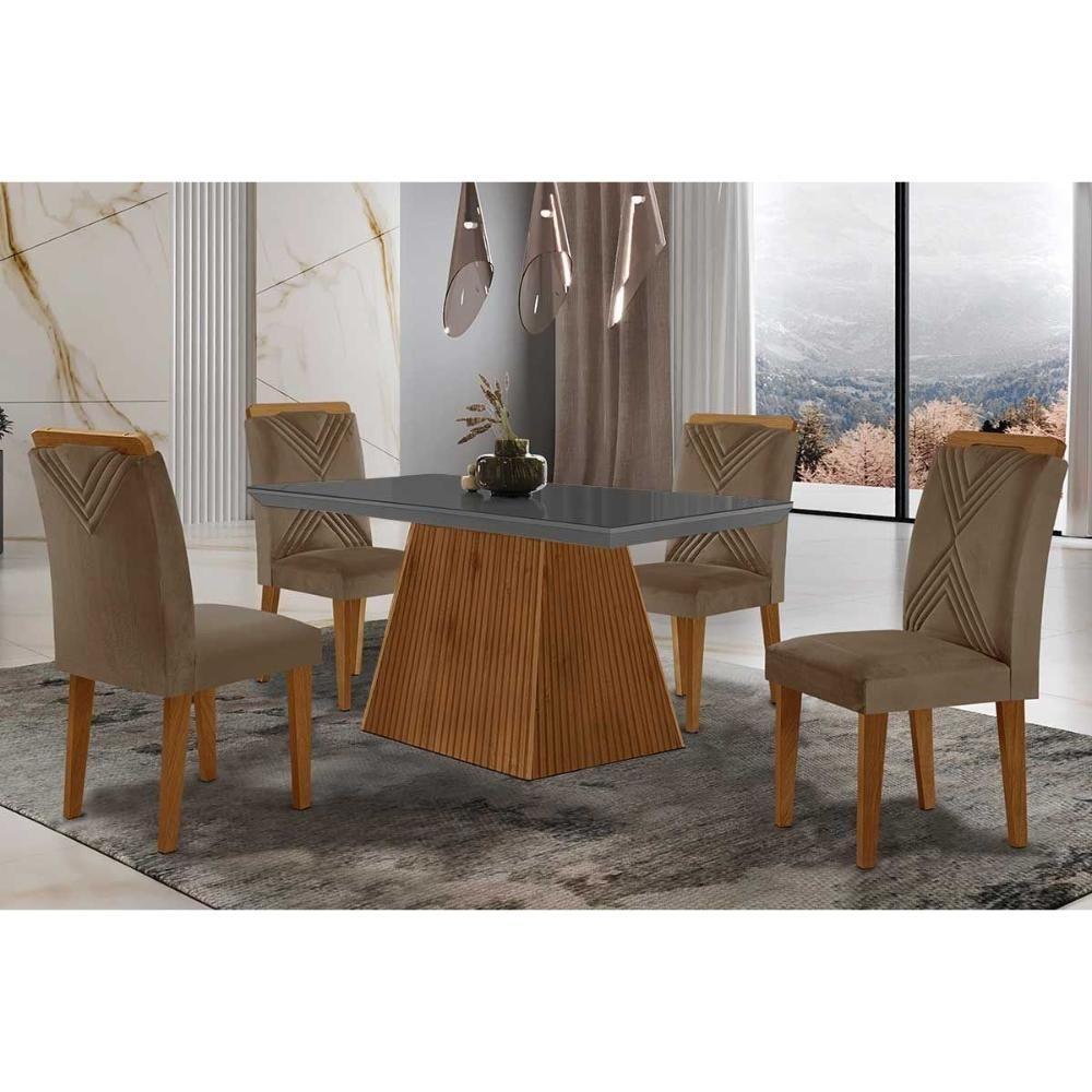 Sala De Jantar Completa Luna Tampo Madeirado C- Vidro Curvo 120x80 E 4 Cadeiras Amsterdã Imbuia - Veludo Capuccino - Rufato - 1