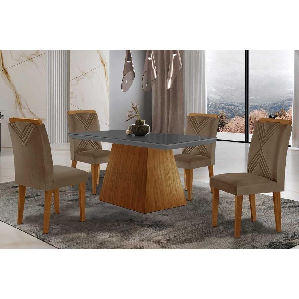 Sala De Jantar Completa Luna Tampo Madeirado C- Vidro Reto 120x80 E 4 Cadeiras Amsterdã Imbuia - Veludo Capuccino - Rufato - 1