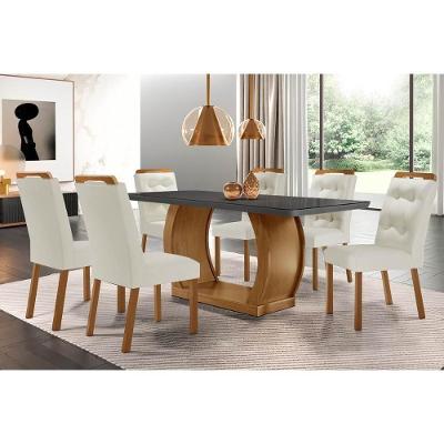 Sala De Jantar Completa Jade Tampo Madeirado C- Vidro Canto Curvo 180x90 E 6 Cadeiras Imperatriz Imbuia-grafite - Suede Creme - Rufato