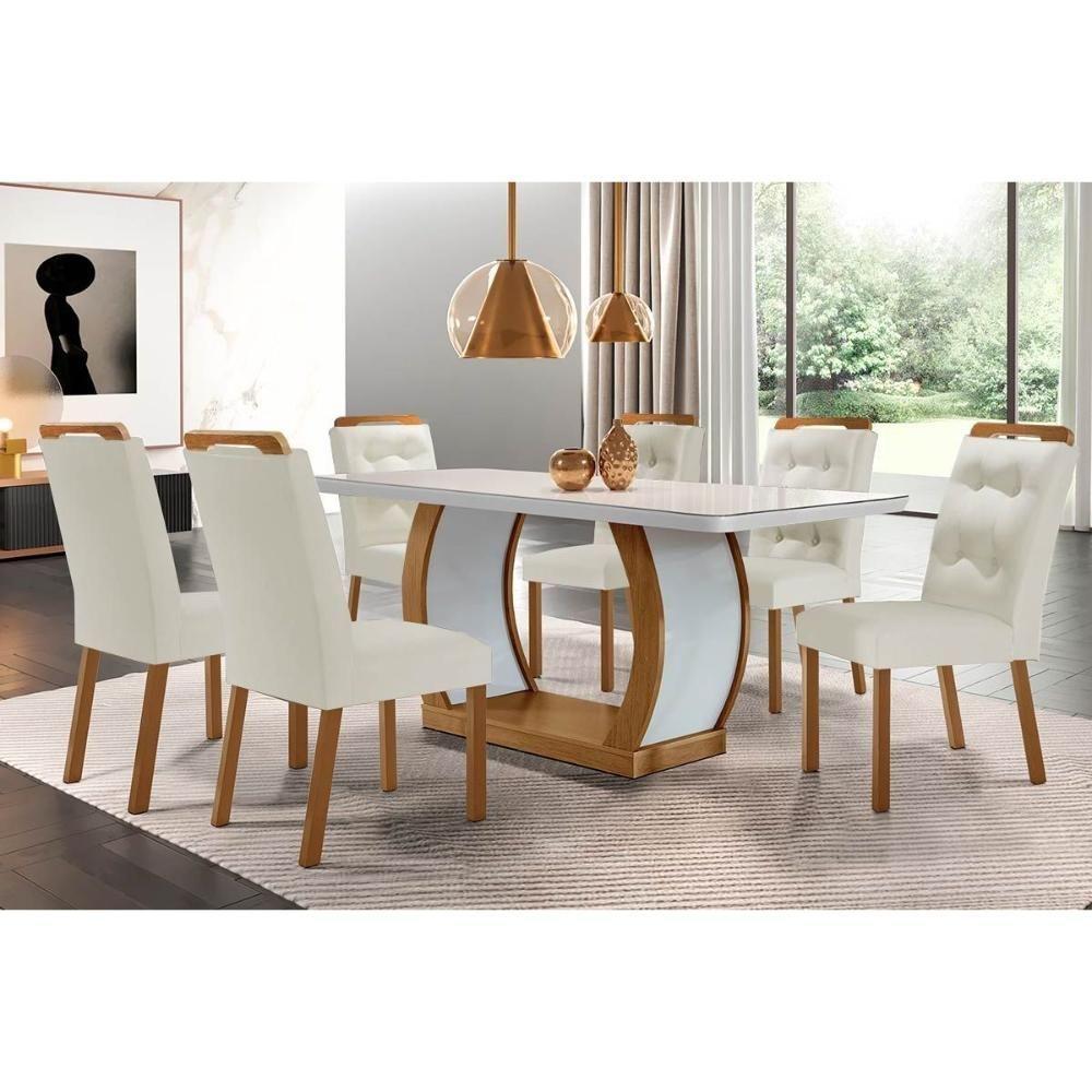 Sala De Jantar Completa Jade Tampo Madeirado C- Vidro Canto Curvo 180x90 E 6 Cadeiras Imperatriz Imbuia-off White - Suede Creme - Rufato - 1