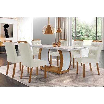 Sala De Jantar Completa Jade Tampo Madeirado C- Vidro Canto Curvo 180x90 E 6 Cadeiras Imperatriz Imbuia-off White - Suede Creme - Rufato
