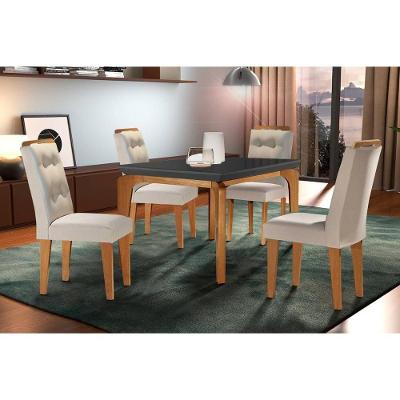 Sala De Jantar Completa Londrina C- Tampo Madeirado Vidro Canto Curvo 120x80cm E 4 Cadeiras Imperatriz Imbuia-grafite - Suede Creme - Rufato