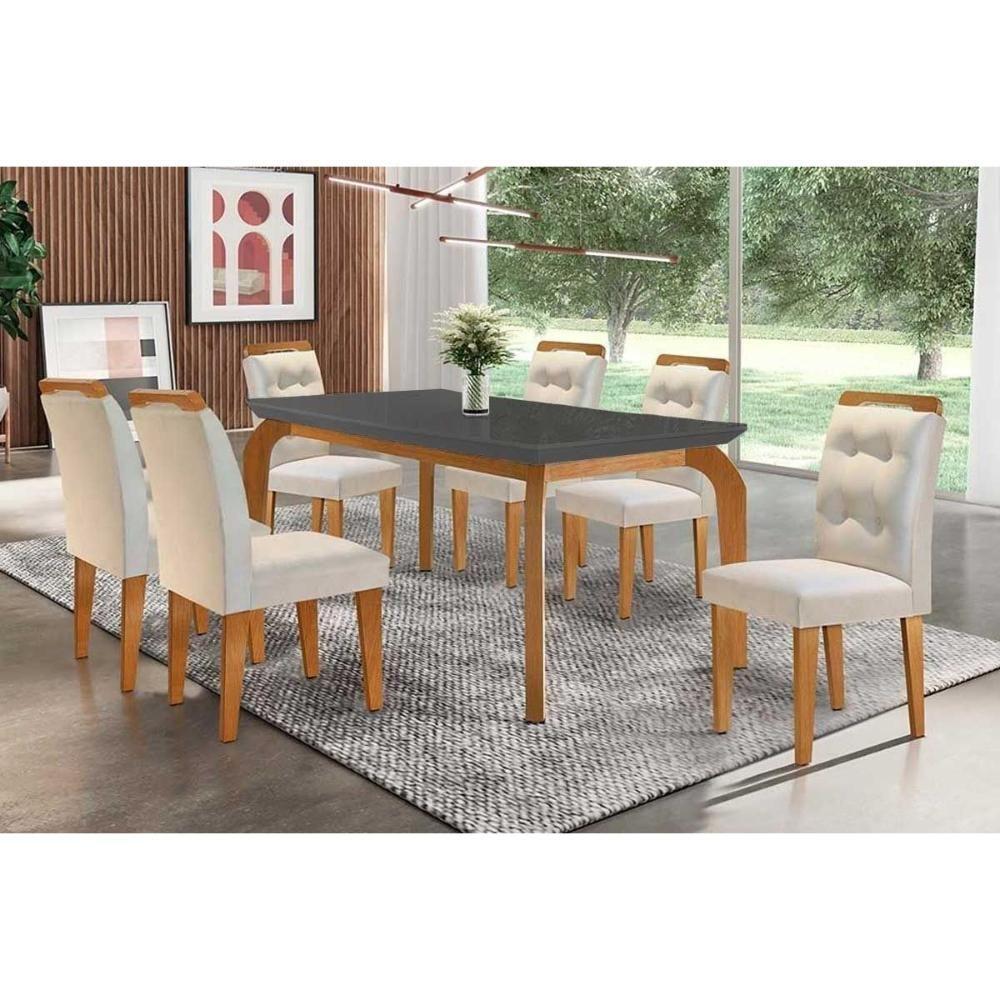 Sala De Jantar Completa Londrina C- Tampo Madeirado Vidro Canto Curvo 180x90cm E 6 Cadeiras Imperatriz Imbuia-grafite - Veludo Creme - Rufato - 1