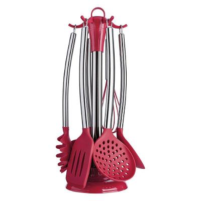 Conjunto de Colheres de Silicone 7 Peças com Suporte Giratório Vermelho Euro