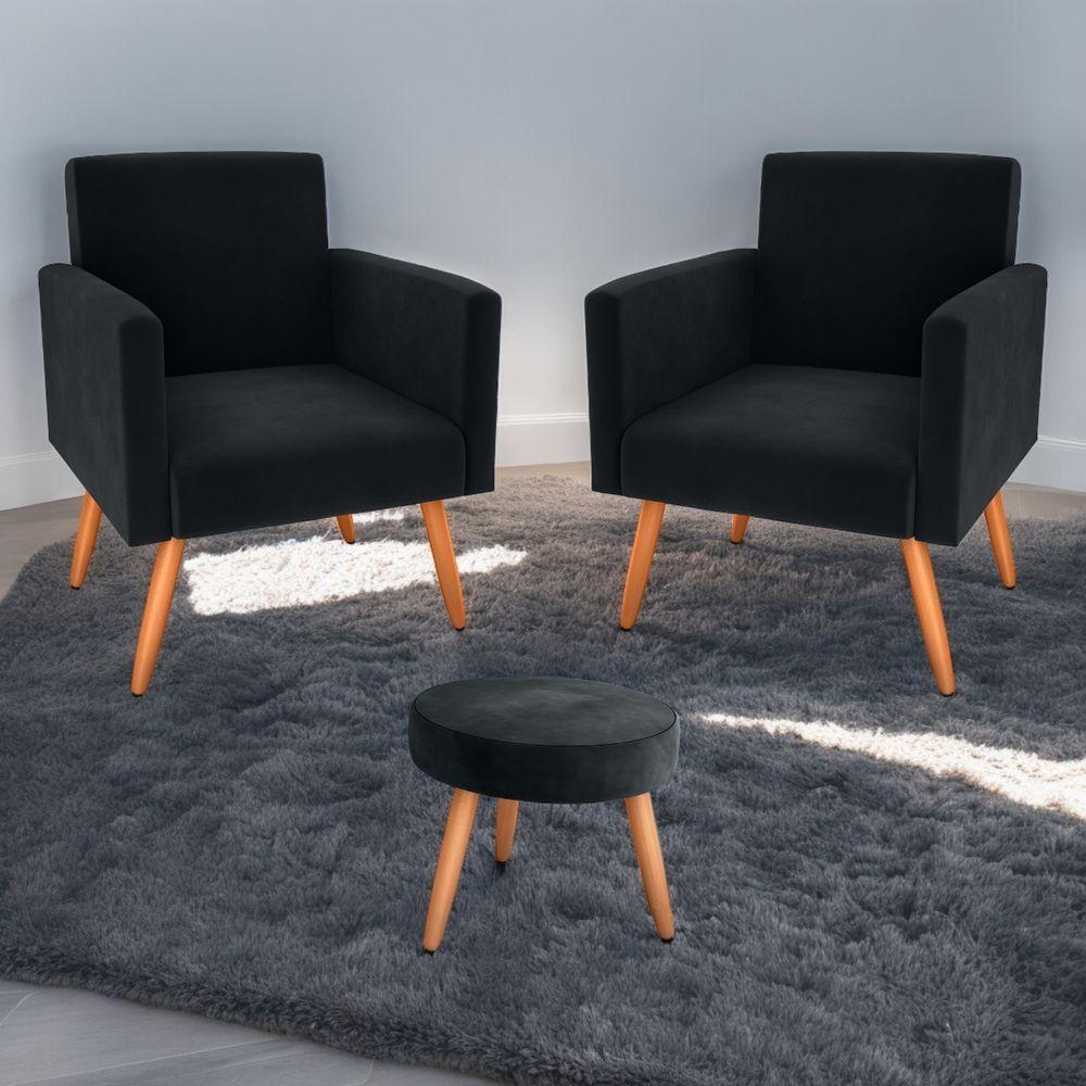 Conjunto Poltronas E Puff Anari Veludo Inca Preto - 1