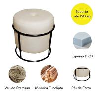 Puff De Ferro Decorativo Redondo Para Sala Argola Rubi Bege Base Pés Preto - 2