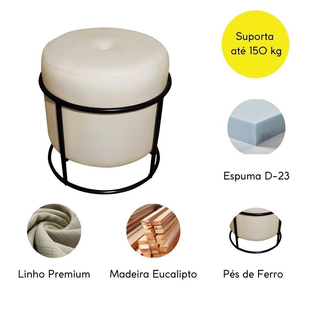 Puff De Ferro Decorativo Redondo Para Sala Argola Rubi Bege Base Pés Preto - 4