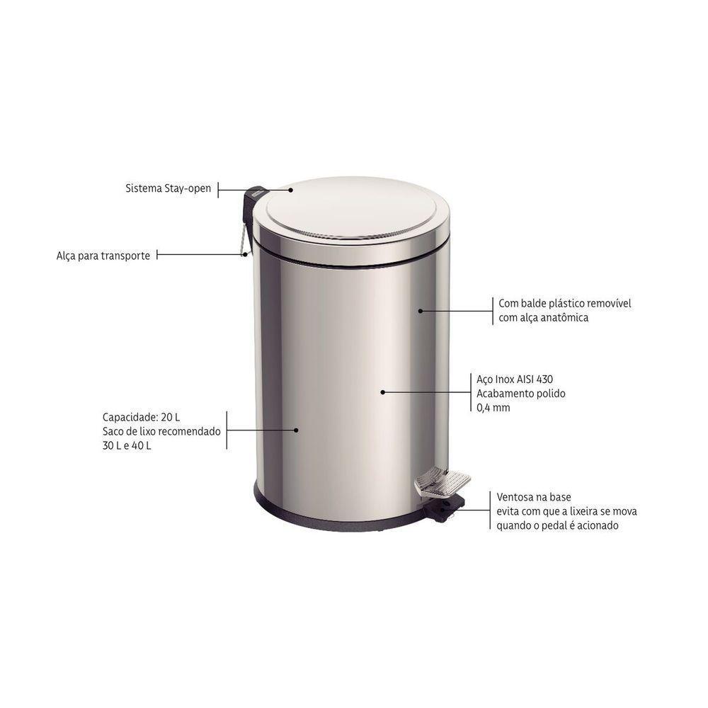 Lixeira Com Pedal Tramontina Brasil Em Aço Inox Com Balde Interno 20 L - 4