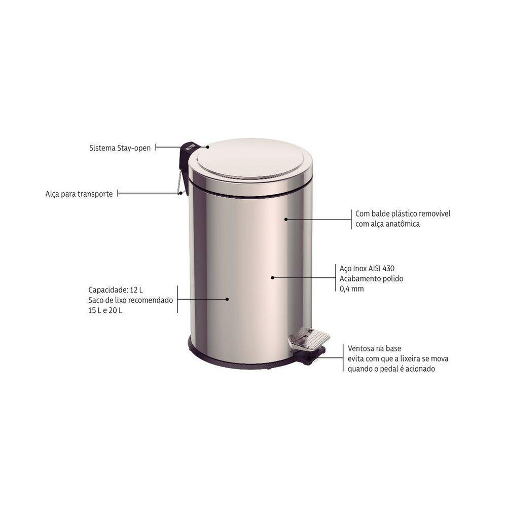 Lixeira Com Pedal De 12 L Em Aço Inox Polido, Com Balde Interno Removível E Tampa Com Sistema Stay Open. - 6