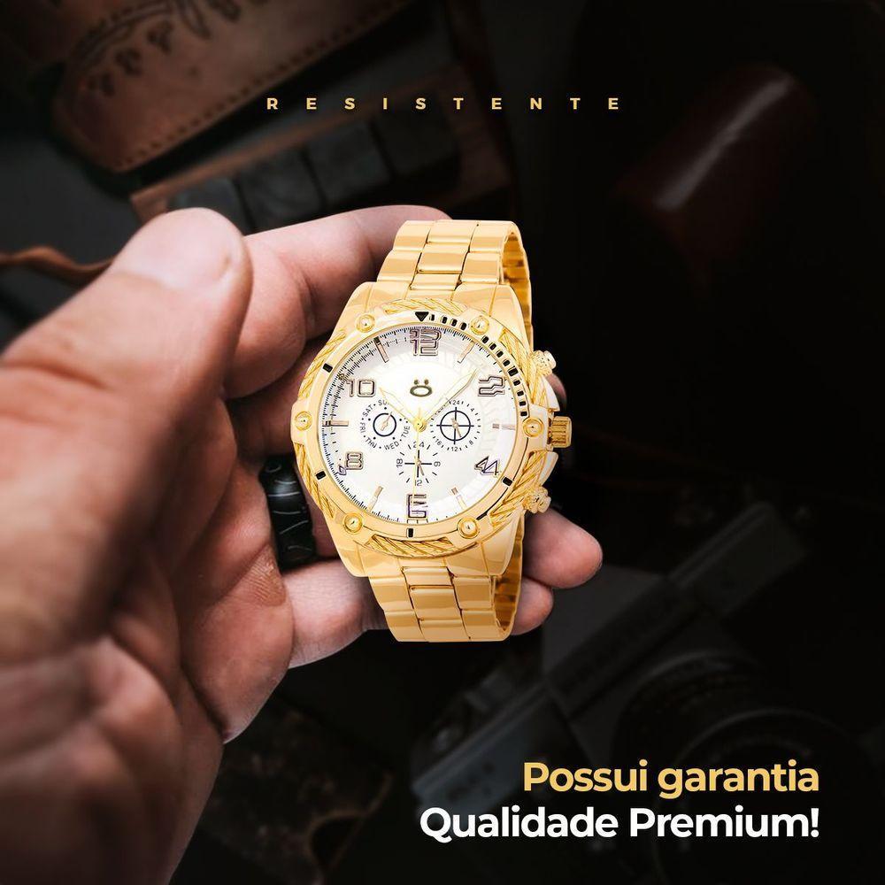 Relogio Masculino Dourado + Caixa Pulseira + Cordao Grumet - 7