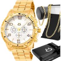Relogio Masculino Dourado + Caixa Pulseira + Cordao Grumet - 1