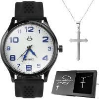 Relogio Masculino Aco Preto + Cordao Crucifixo Robusto Preto - 1