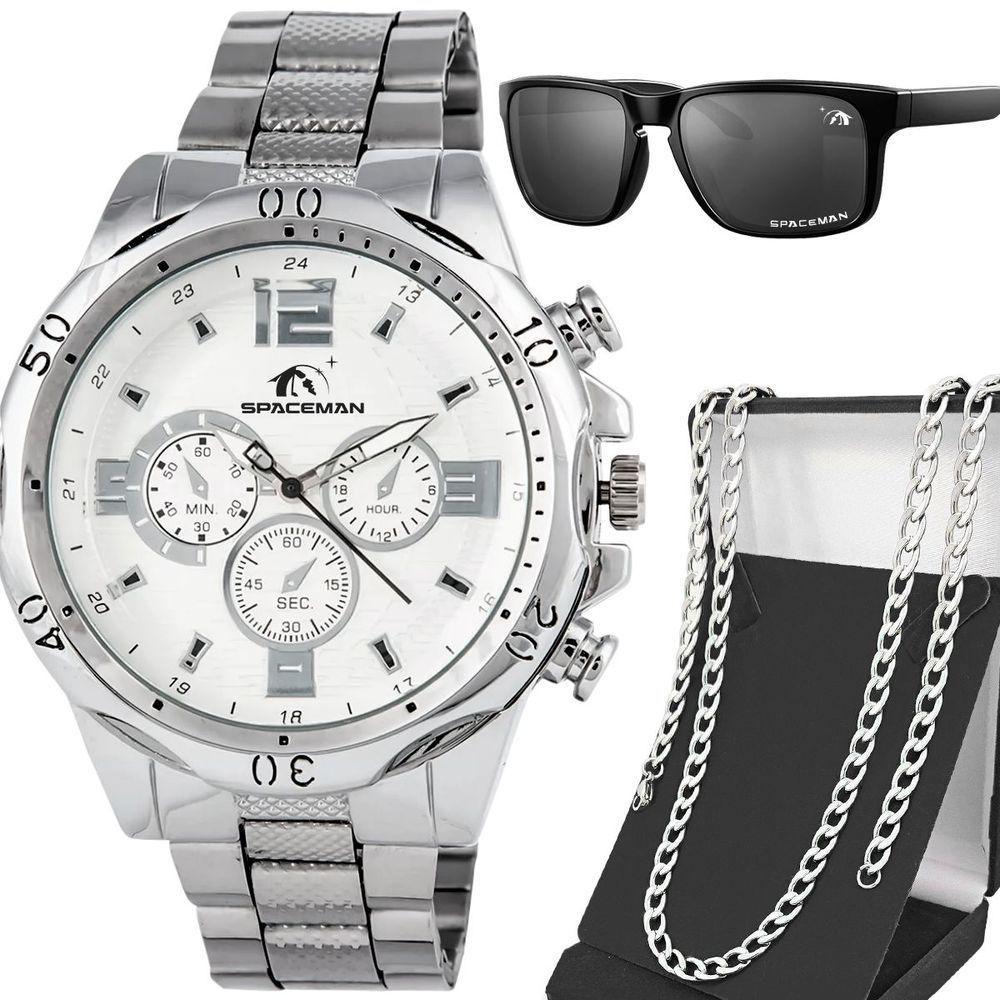 Relogio Masculino Prata Aço Inoxidável + Cordao + Oculos Sol - 1