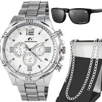 Relogio Masculino Prata Aço Inoxidável + Cordao + Oculos Sol - 1