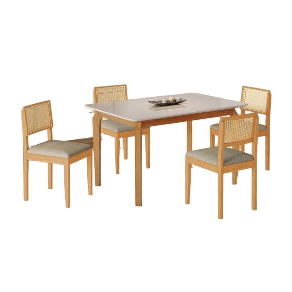 Conjunto Mesa De Jantar Alegra Off White 1,20m Com 4 Cadeiras Jade 03 Linho Cinza - 1