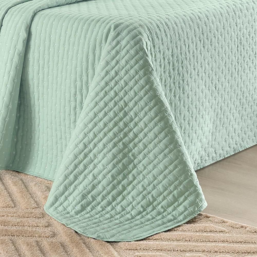 Cobre Leito Casal Padrão Verity 200 Fios Bordado 3 Peças Menta - 3