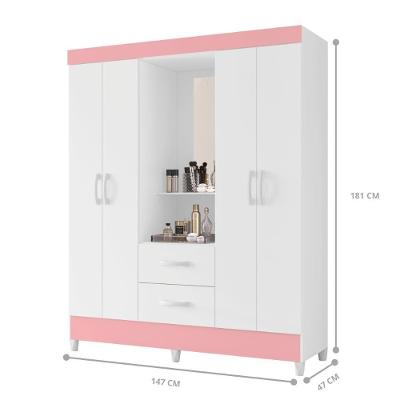 Guarda Roupa Infantil Capelinha Dubai 4 Portas 2 Gavetas Branco Rosa MDP Casah