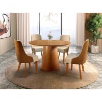Conjunto Mesa De Jantar Caribe Laminado 1,35m Com 4 Cadeira Beatriz Couro Caramelo E Linho Bege - 1