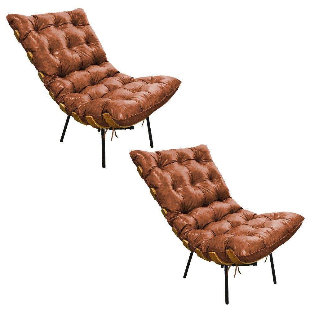 Kit 02 Poltronas Costela Corano Base de Metal D´rossi Nozes - 1