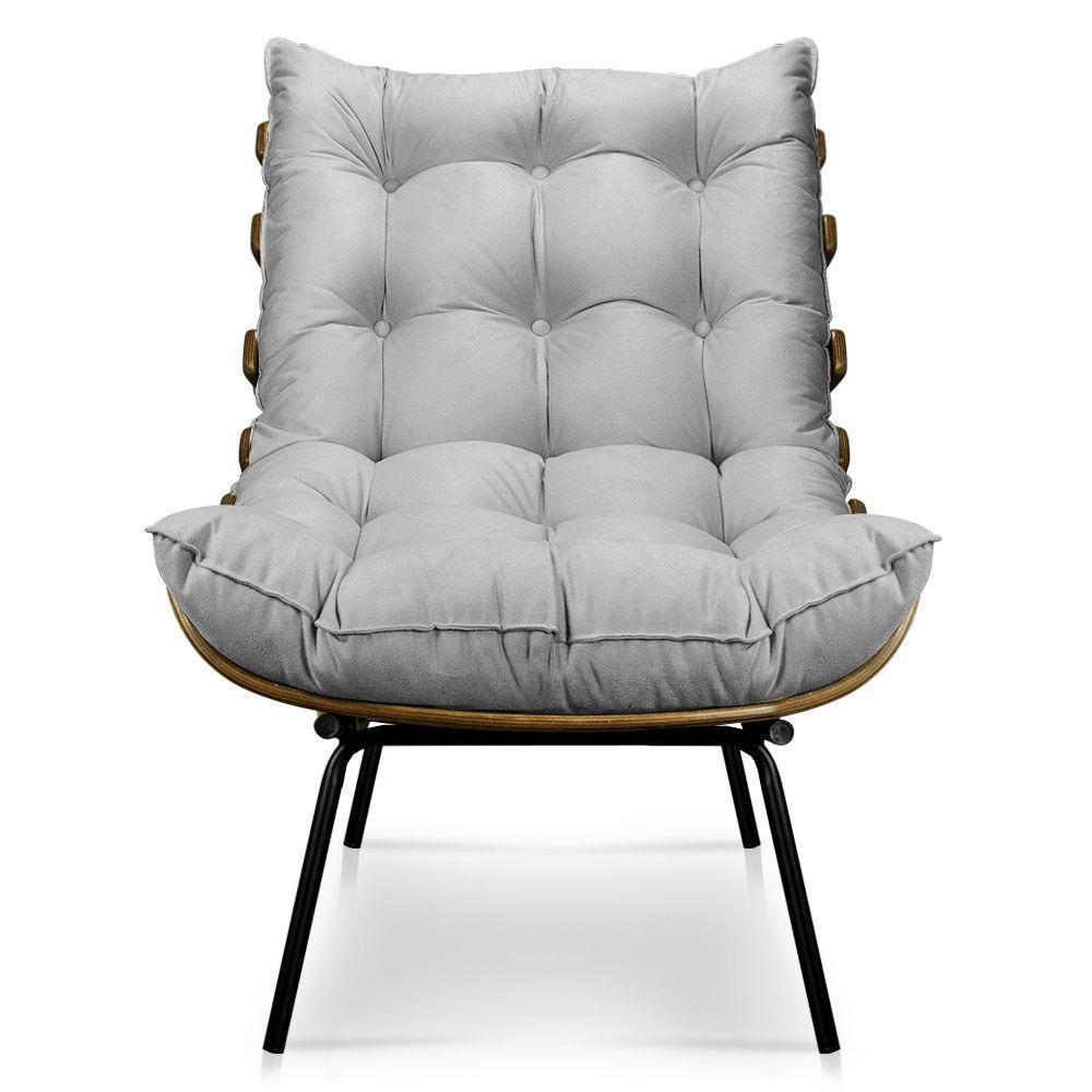 Kit Poltrona e Puff Costela Suede Base Metal Drossi Cinza - 5