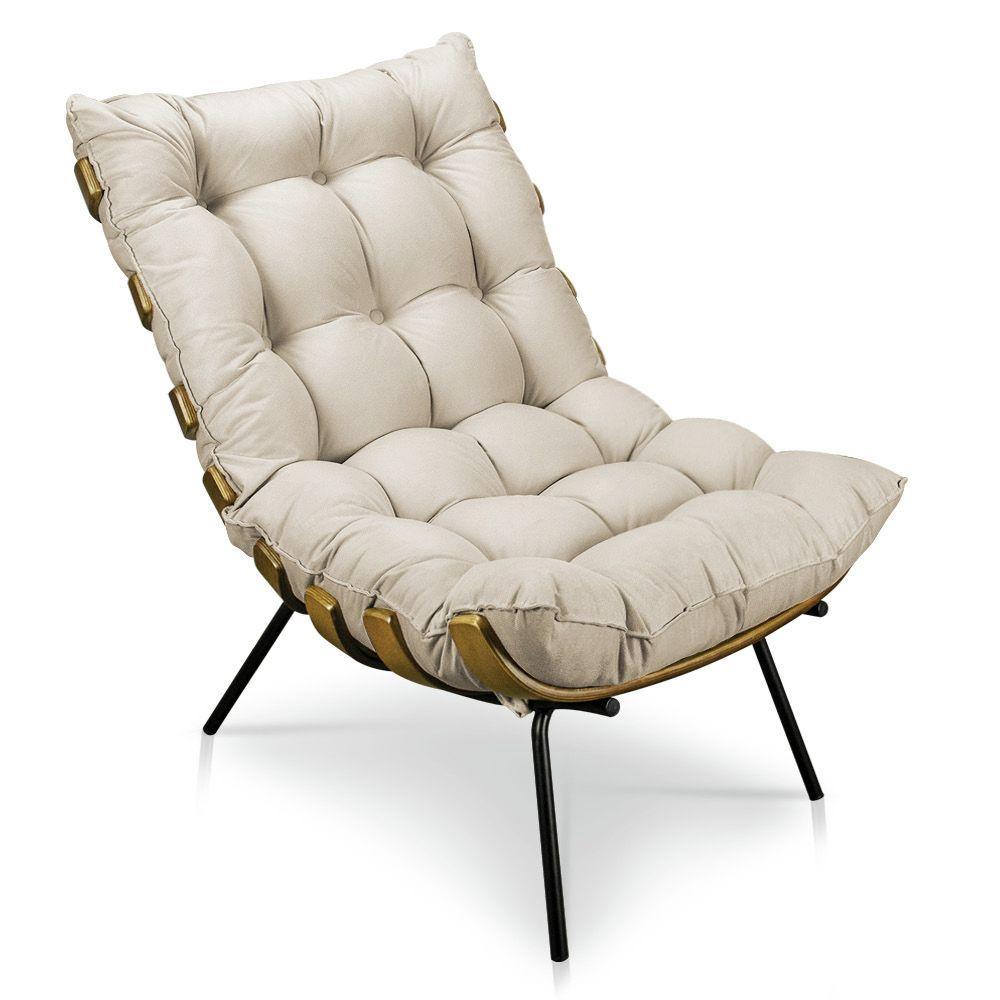 Kit Poltrona e Puff Costela Suede Base Metal Drossi Bege - 3