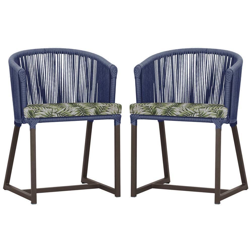 2 Cadeiras De Jantar Noronha Marrom Corda Náutica E5 Trama Azul - 1