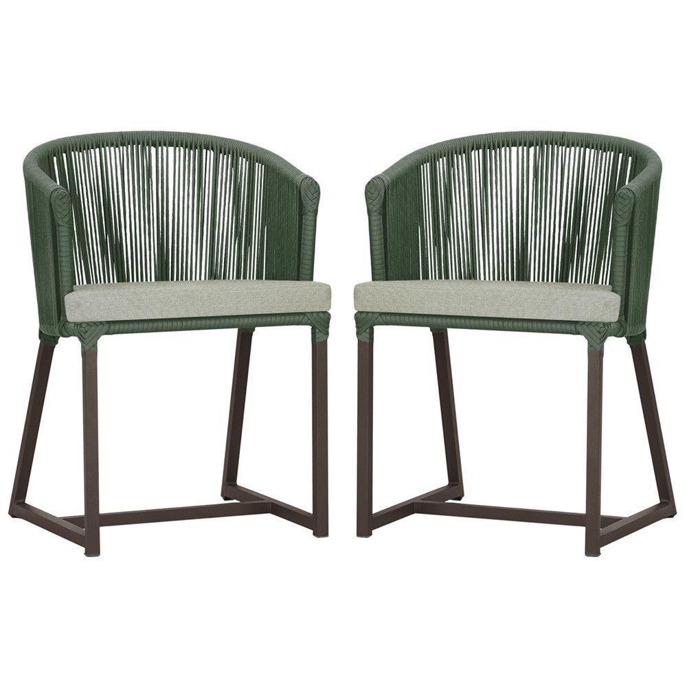 2 Cadeiras De Jantar Noronha Marrom Corda Náutica E3 Trama Verde - 1