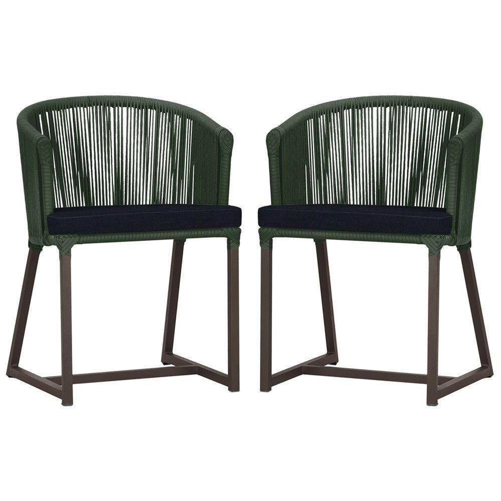 2 Cadeiras De Jantar Noronha Marrom Corda Náutica E12 Trama Verde - 1