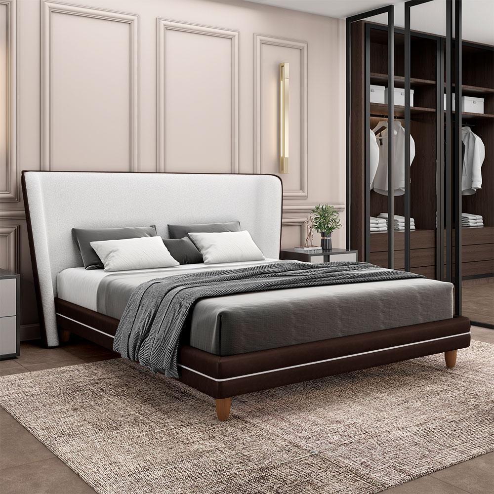 Conjunto Cama Com Cabeceira Queen Torres Pés Em Madeira Pu/bouclê Marrom/off White G91 - Gran Belo - 1