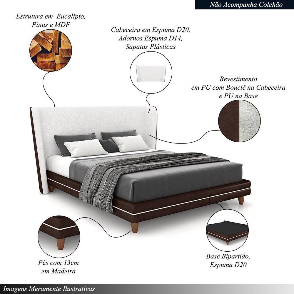 Conjunto Cama Com Cabeceira Queen Torres Pés Em Madeira Pu/bouclê Marrom/off White G91 - Gran Belo - 3