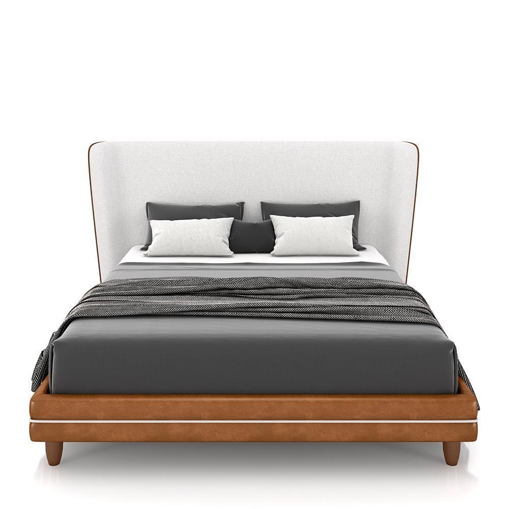 Conjunto Cama Com Cabeceira Queen Torres Pés Em Madeira Pu/bouclê Caramelo/off White G91 - Gran Belo - 6