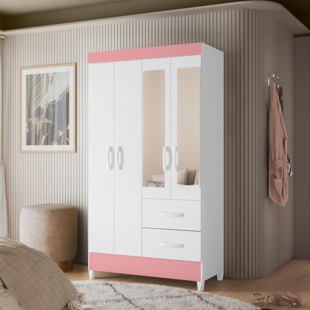 Guarda Roupa 4 Portas Roma Com Espelho Branco Rosa - 1