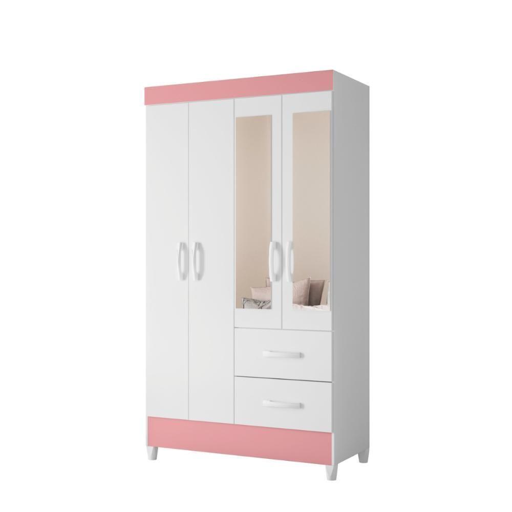Guarda Roupa 4 Portas Roma Com Espelho Branco Rosa - 2