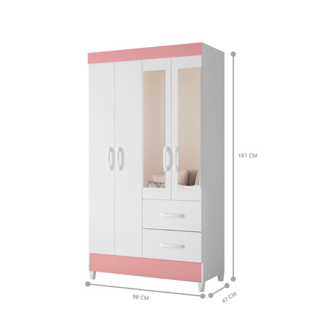 Guarda Roupa 4 Portas Roma Com Espelho Branco Rosa - 3