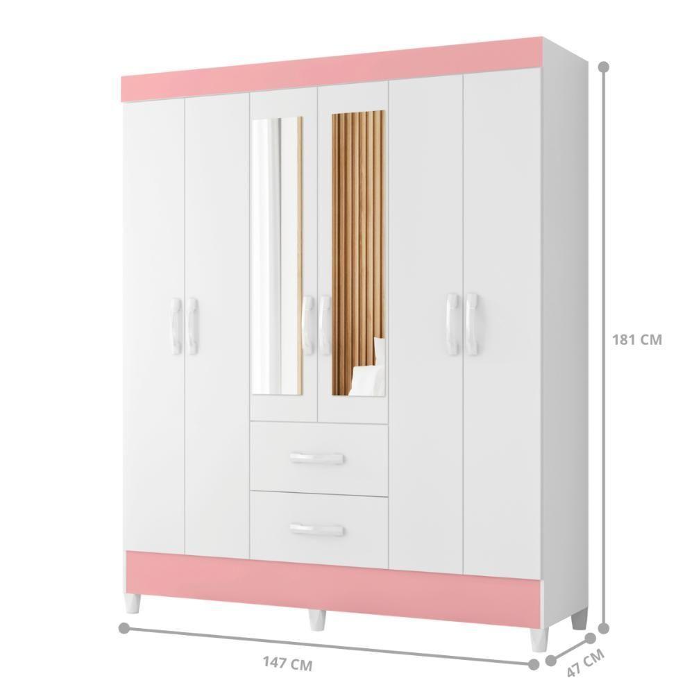 Guarda Roupa 6 Portas Roma Com Espelho Branco Rosa - 3