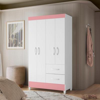 Guarda Roupa Solteiro Roma 4 Portas 2 Gavetas Branco Rosa MDP CASAH